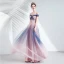 Elegant Navy Blue Gradient-Color Blushing Pink Evening Dresses  2020 A-Line / Princess Off-The-Shoulder Short Sleeve Appliques Lace Beading Glitter Tulle Floor-Length / Long Ruffle Backless Formal Dresses
