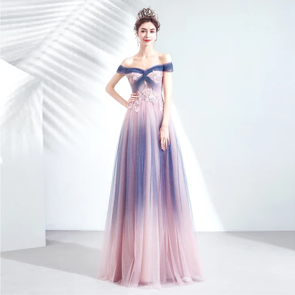 Elegant Navy Blue Gradient-Color Blushing Pink Evening Dresses 2020 A-Line / Princess Off-The-Shoulder Short Sleeve Appliques Lace Beading Glitter Tulle Floor-Length / Long Ruffle Backless Formal Dresses