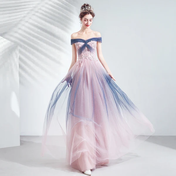 Elegant Navy Blue Gradient-Color Blushing Pink Evening Dresses 2020 A-Line / Princess Off-The-Shoulder Short Sleeve Appliques Lace Beading Glitter Tulle Floor-Length / Long Ruffle Backless Formal Dresses