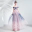 Elegant Navy Blue Gradient-Color Blushing Pink Evening Dresses  2020 A-Line / Princess Off-The-Shoulder Short Sleeve Appliques Lace Beading Glitter Tulle Floor-Length / Long Ruffle Backless Formal Dresses