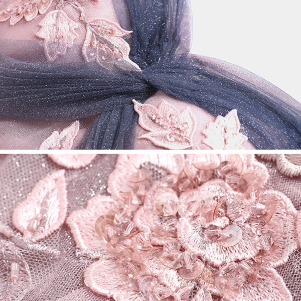 Elegant Navy Blue Gradient-Color Blushing Pink Evening Dresses 2020 A-Line / Princess Off-The-Shoulder Short Sleeve Appliques Lace Beading Glitter Tulle Floor-Length / Long Ruffle Backless Formal Dresses
