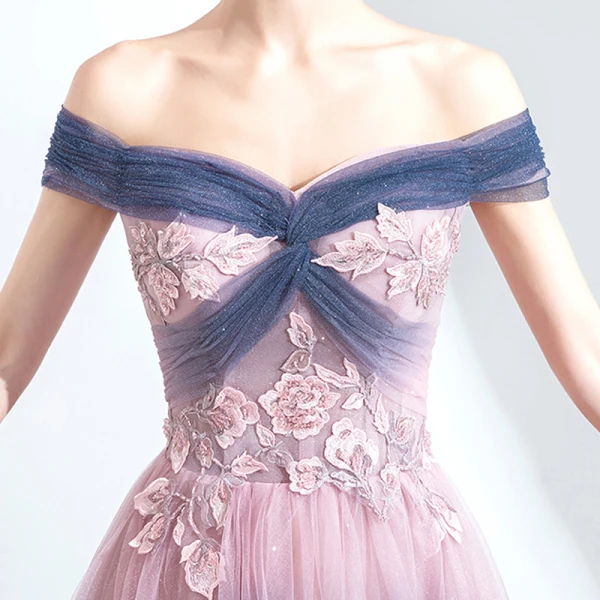 Elegant Navy Blue Gradient-Color Blushing Pink Evening Dresses 2020 A-Line / Princess Off-The-Shoulder Short Sleeve Appliques Lace Beading Glitter Tulle Floor-Length / Long Ruffle Backless Formal Dresses