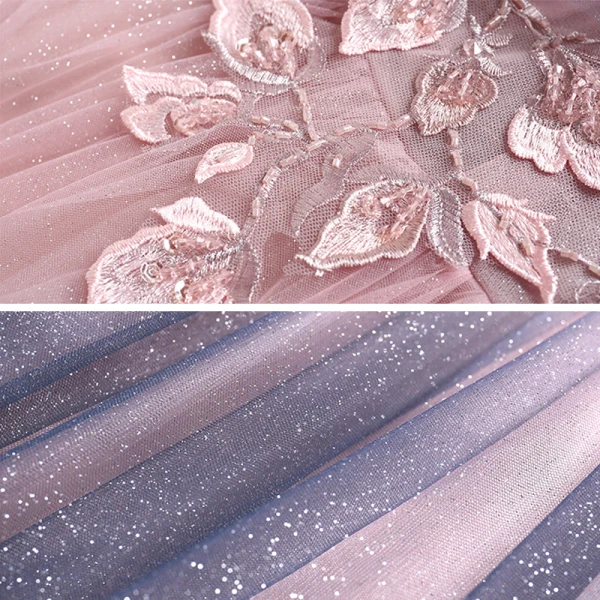 Elegant Navy Blue Gradient-Color Blushing Pink Evening Dresses 2020 A-Line / Princess Off-The-Shoulder Short Sleeve Appliques Lace Beading Glitter Tulle Floor-Length / Long Ruffle Backless Formal Dresses
