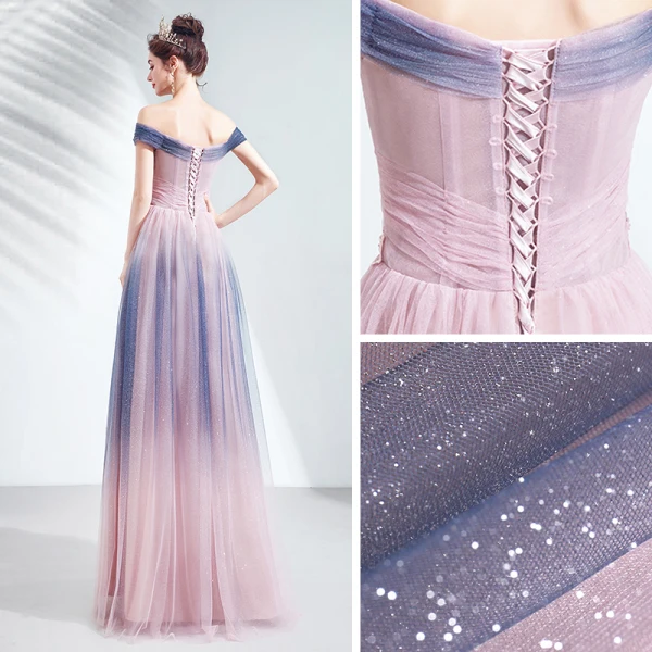 Elegant Navy Blue Gradient-Color Blushing Pink Evening Dresses 2020 A-Line / Princess Off-The-Shoulder Short Sleeve Appliques Lace Beading Glitter Tulle Floor-Length / Long Ruffle Backless Formal Dresses