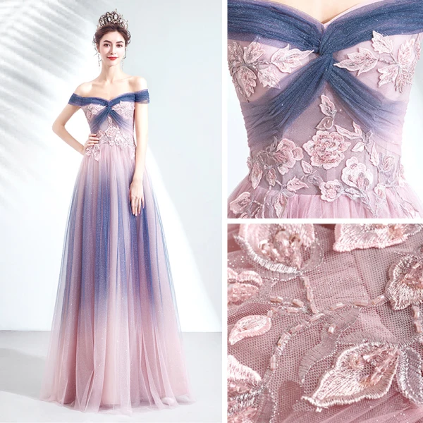 Elegant Navy Blue Gradient-Color Blushing Pink Evening Dresses 2020 A-Line / Princess Off-The-Shoulder Short Sleeve Appliques Lace Beading Glitter Tulle Floor-Length / Long Ruffle Backless Formal Dresses