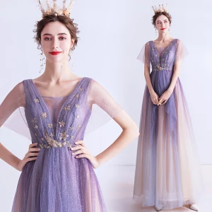 Elegant Purple Gradient Farge Champagne Selskapskjoler 2020 Prinsesse Gjennomsiktig Dyp V Hals Korte Ermer Appliques Stjerne Glitter Tyll Lange Buste