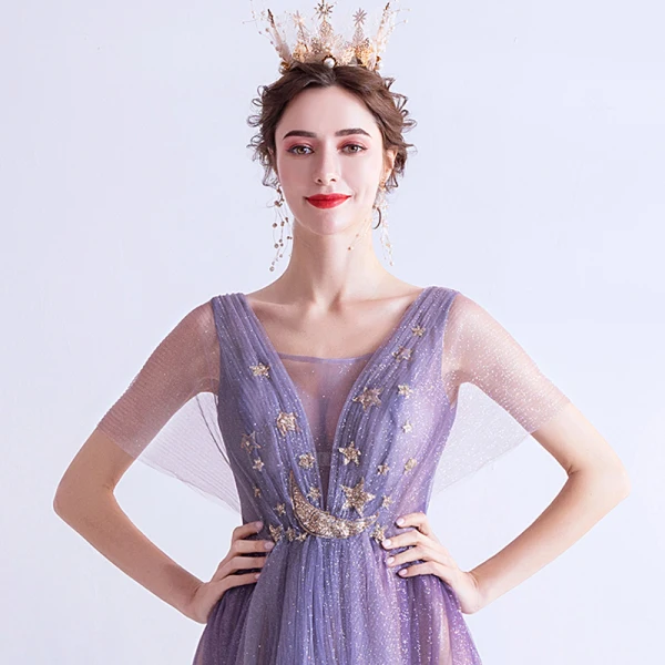 Elegant Purple Gradient-Color Champagne Evening Dresses 2020 A-Line / Princess See-through Deep V-Neck Short Sleeve Appliques Star Glitter Tulle Floor-Length / Long Ruffle