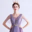 Elegant Purple Gradient-Color Champagne Evening Dresses  2020 A-Line / Princess See-through Deep V-Neck Short Sleeve Appliques Star Glitter Tulle Floor-Length / Long Ruffle