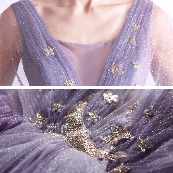 Elegant Purple Gradient-Color Champagne Evening Dresses 2020 A-Line / Princess See-through Deep V-Neck Short Sleeve Appliques Star Glitter Tulle Floor-Length / Long Ruffle