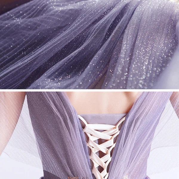 Elegant Purple Gradient-Color Champagne Evening Dresses 2020 A-Line / Princess See-through Deep V-Neck Short Sleeve Appliques Star Glitter Tulle Floor-Length / Long Ruffle