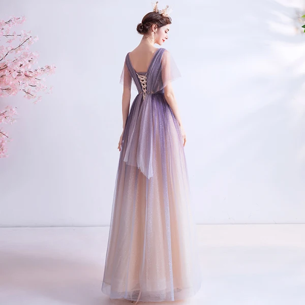 Elegant Purple Gradient-Color Champagne Evening Dresses 2020 A-Line / Princess See-through Deep V-Neck Short Sleeve Appliques Star Glitter Tulle Floor