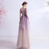 Elegant Purple Gradient-Color Champagne Evening Dresses  2020 A-Line / Princess See-through Deep V-Neck Short Sleeve Appliques Star Glitter Tulle Floor-Length / Long Ruffle