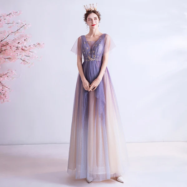 Elegant Purple Gradient-Color Champagne Evening Dresses 2020 A-Line / Princess See-through Deep V-Neck Short Sleeve Appliques Star Glitter Tulle Floor-Length / Long Ruffle