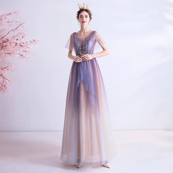 Elegant Purple Gradient-Color Champagne Evening Dresses 2020 A-Line / Princess See-through Deep V-Neck Short Sleeve Appliques Star Glitter Tulle Floor-Length / Long Ruffle