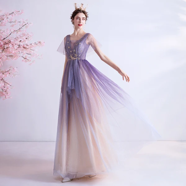 Elegant Purple Gradient-Color Champagne Evening Dresses 2020 A-Line / Princess See-through Deep V-Neck Short Sleeve Appliques Star Glitter Tulle Floor-Length / Long Ruffle