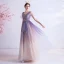 Elegant Purple Gradient-Color Champagne Evening Dresses  2020 A-Line / Princess See-through Deep V-Neck Short Sleeve Appliques Star Glitter Tulle Floor-Length / Long Ruffle