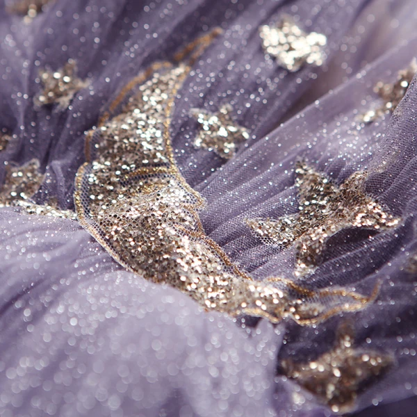 Elegant Purple Gradient-Color Champagne Evening Dresses 2020 A-Line / Princess See-through Deep V-Neck Short Sleeve Appliques Star Glitter Tulle Floor-Length / Long Ruffle
