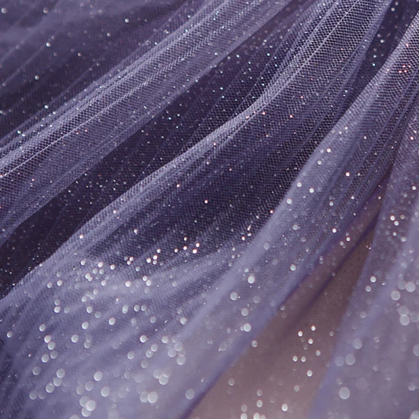 Elegant Purple Gradient-Color Champagne Evening Dresses 2020 A-Line / Princess See-through Deep V-Neck Short Sleeve Appliques Star Glitter Tulle Floor-Length / Long Ruffle