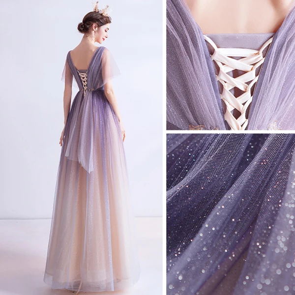 Elegant Purple Gradient-Color Champagne Evening Dresses 2020 A-Line / Princess See-through Deep V-Neck Short Sleeve Appliques Star Glitter Tulle Floor-Length / Long Ruffle