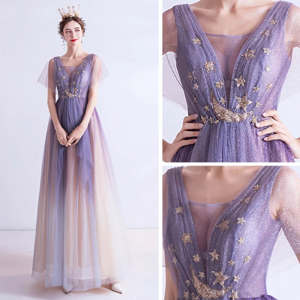 Elegant Purple Gradient-Color Champagne Evening Dresses 2020 A-Line / Princess See-through Deep V-Neck Short Sleeve Appliques Star Glitter Tulle Floor-Length / Long Ruffle