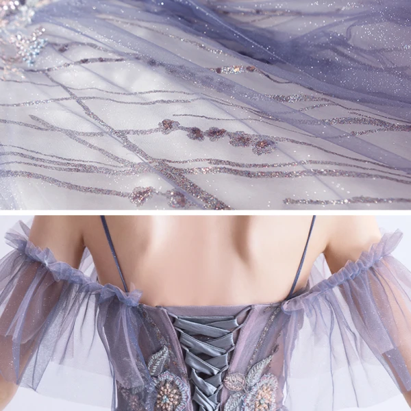 Elegante Violett Farbverlauf Rosa Abendkleider 2020 A Linie Spaghettiträger Kurze Ärmel Applikationen Spitze Pailletten Glanz Tülle Lange Rüschen Rückenfreies Festliche Kleider