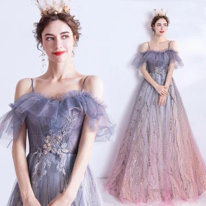 Elegant Purple Gradient Color Blushing Pink Evening Dresses 2020 A Line Princess Spaghetti Straps Short Sleeve Appliques Lace Sequins Glitter Tulle Floor Length Long Ruffle Backless Formal Dresses