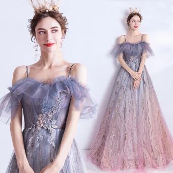 Elegant Purple Gradient Color Blushing Pink Evening Dresses 2020 A Line Princess Spaghetti Straps Short Sleeve Appliques Lace Sequins Glitter Tulle Floor Length Long Ruffle Backless Formal Dresses