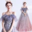 Elegante Violett Farbverlauf Rosa Abendkleider 2020 A Linie Spaghettiträger Kurze Ärmel Applikationen Spitze Pailletten Glanz Tülle Lange Rüschen Rückenfreies Festliche Kleider