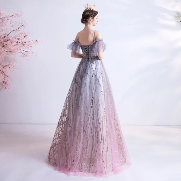 Elegante Violett Farbverlauf Rosa Abendkleider 2020 A Linie Spaghettiträger Kurze Ärmel Applikationen Spitze Pailletten Glanz Tülle Lange Rüschen Rückenfreies Festliche Kleider