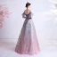 Elegante Violett Farbverlauf Rosa Abendkleider 2020 A Linie Spaghettiträger Kurze Ärmel Applikationen Spitze Pailletten Glanz Tülle Lange Rüschen Rückenfreies Festliche Kleider