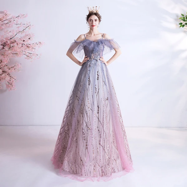 Elegante Violett Farbverlauf Rosa Abendkleider 2020 A Linie Spaghettiträger Kurze Ärmel Applikationen Spitze Pailletten Glanz Tülle Lange Rüschen Rückenfreies Festliche Kleider