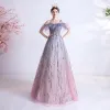 Elegant Purple Gradient-Color Blushing Pink Evening Dresses  2020 A-Line / Princess Spaghetti Straps Short Sleeve Appliques Lace Sequins Glitter Tulle Floor-Length / Long Ruffle Backless Formal Dresses
