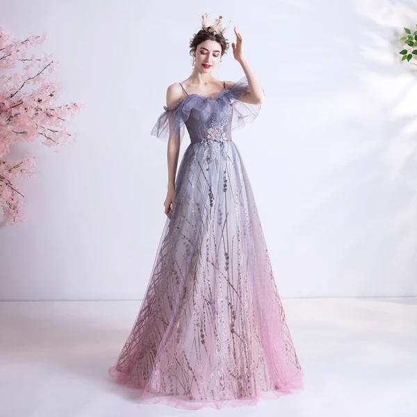Elegante Violett Farbverlauf Rosa Abendkleider 2020 A Linie Spaghettiträger Kurze Ärmel Applikationen Spitze Pailletten Glanz Tülle Lange Rüschen Rückenfreies Festliche Kleider
