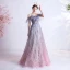 Elegante Violett Farbverlauf Rosa Abendkleider 2020 A Linie Spaghettiträger Kurze Ärmel Applikationen Spitze Pailletten Glanz Tülle Lange Rüschen Rückenfreies Festliche Kleider
