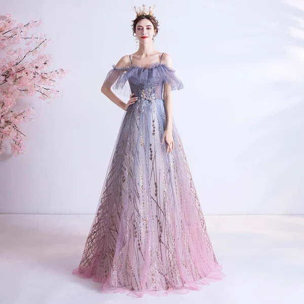 Elegante Violett Farbverlauf Rosa Abendkleider 2020 A Linie Spaghettiträger Kurze Ärmel Applikationen Spitze Pailletten Glanz Tülle Lange Rüschen Rückenfreies Festliche Kleider