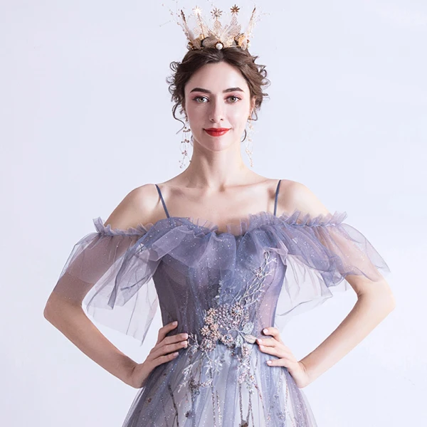 Elegante Violett Farbverlauf Rosa Abendkleider 2020 A Linie Spaghettiträger Kurze Ärmel Applikationen Spitze Pailletten Glanz Tülle Lange Rüschen Rückenfreies Festliche Kleider