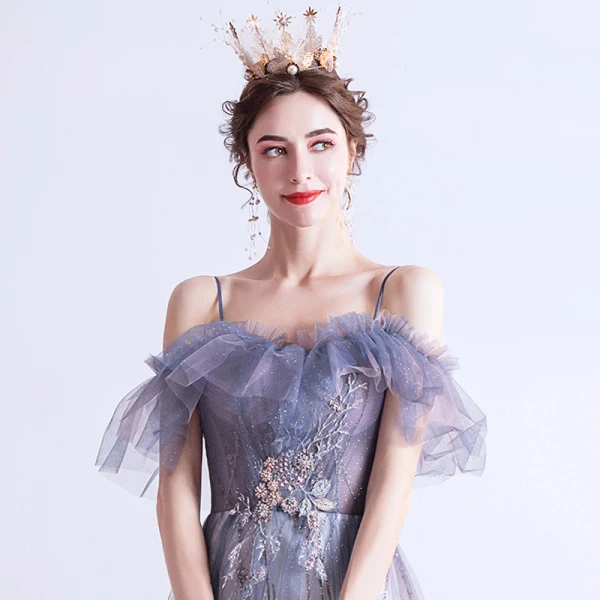Elegante Violett Farbverlauf Rosa Abendkleider 2020 A Linie Spaghettiträger Kurze Ärmel Applikationen Spitze Pailletten Glanz Tülle Lange Rüschen Rückenfreies Festliche Kleider
