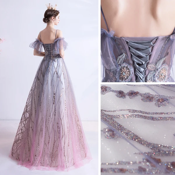 Elegante Violett Farbverlauf Rosa Abendkleider 2020 A Linie Spaghettiträger Kurze Ärmel Applikationen Spitze Pailletten Glanz Tülle Lange Rüschen Rückenfreies Festliche Kleider