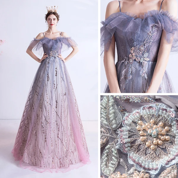 Elegante Violett Farbverlauf Rosa Abendkleider 2020 A Linie Spaghettiträger Kurze Ärmel Applikationen Spitze Pailletten Glanz Tülle Lange Rüschen Rückenfreies Festliche Kleider