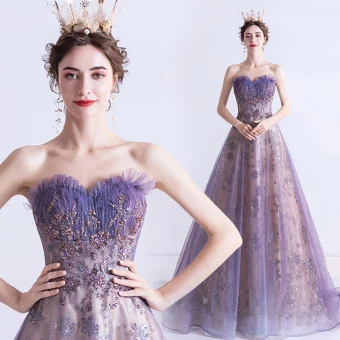 Elegant Purple Evening Dresses 2020 A Line Princess Sweetheart Sleeveless Beading Sequins Glitter Tulle Sweep Train Ruffle Backless Formal Dresses