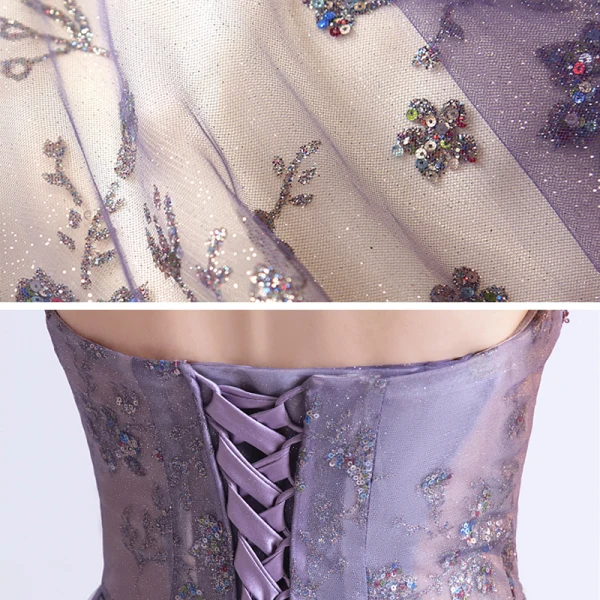 Elegante Violett Abendkleider 2020 A Linie Herz-Ausschnitt Ärmellos Perlenstickerei Pailletten Glanz Tülle Sweep / Pinsel Zug Rüschen Rückenfreies Festliche Kleider