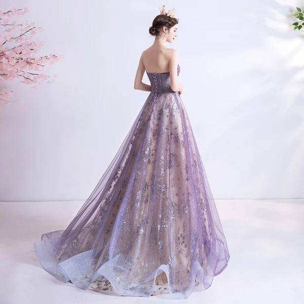 Elegante Violett Abendkleider 2020 A Linie Herz-Ausschnitt Ärmellos Perlenstickerei Pailletten Glanz Tülle Sweep / Pinsel Zug Rüschen Rückenfreies Festliche Kleider
