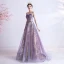 Elegante Violett Abendkleider 2020 A Linie Herz-Ausschnitt Ärmellos Perlenstickerei Pailletten Glanz Tülle Sweep / Pinsel Zug Rüschen Rückenfreies Festliche Kleider