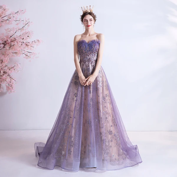 Elegante Violett Abendkleider 2020 A Linie Herz-Ausschnitt Ärmellos Perlenstickerei Pailletten Glanz Tülle Sweep / Pinsel Zug Rüschen Rückenfreies Festliche Kleider