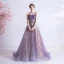 Elegante Violett Abendkleider 2020 A Linie Herz-Ausschnitt Ärmellos Perlenstickerei Pailletten Glanz Tülle Sweep / Pinsel Zug Rüschen Rückenfreies Festliche Kleider