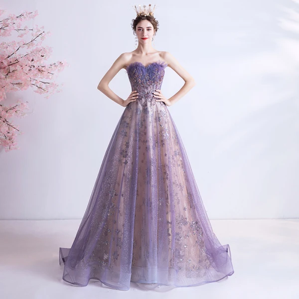 Elegante Violett Abendkleider 2020 A Linie Herz-Ausschnitt Ärmellos Perlenstickerei Pailletten Glanz Tülle Sweep / Pinsel Zug Rüschen Rückenfreies Festliche Kleider