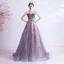 Elegante Violett Abendkleider 2020 A Linie Herz-Ausschnitt Ärmellos Perlenstickerei Pailletten Glanz Tülle Sweep / Pinsel Zug Rüschen Rückenfreies Festliche Kleider