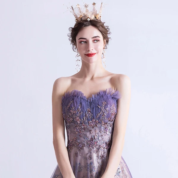 Elegante Violett Abendkleider 2020 A Linie Herz-Ausschnitt Ärmellos Perlenstickerei Pailletten Glanz Tülle Sweep / Pinsel Zug Rüschen Rückenfreies Festliche Kleider