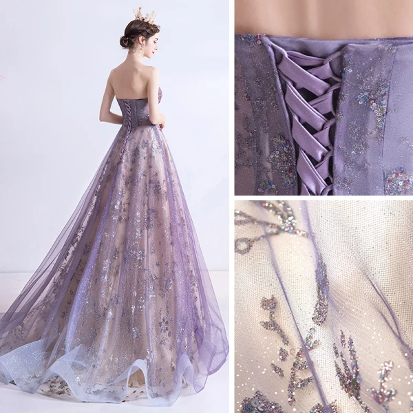 Elegante Violett Abendkleider 2020 A Linie Herz-Ausschnitt Ärmellos Perlenstickerei Pailletten Glanz Tülle Sweep / Pinsel Zug Rüschen Rückenfreies Festliche Kleider