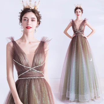 Charming Brown Gradient Color Sage Green Evening Dresses 2020 A Line Princess Deep V Neck Sleeveless Sequins Sash Glitter Tulle Floor Length Long Ruffle Backless Formal Dresses
